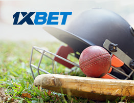 ایک کرکٹ منظر اور 1xBet لوگو۔