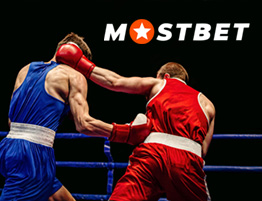 ایک باکسنگ سین اور Mostbet کا لوگو